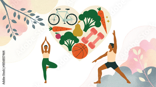 flat minimalist heart illustration with healthy lifestyle icons like fitness, nutrition, wellness, yoga and balance in clean modern vector style