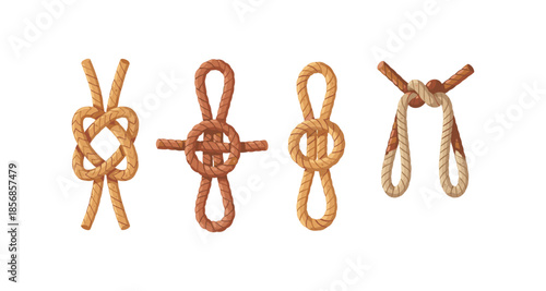 Collection of four different types of nautical knots tied with ropes