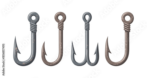 Collection of four different fishing hooks and lures on a white background