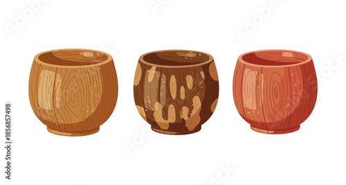 Three unique wooden cups with distinct grain patterns and colors on a white background