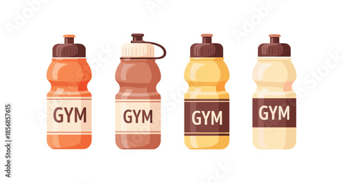 Set of four colorful gym water bottles with labels for hydration and fitness