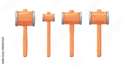 Set of four wooden mallets with metal accents in varying sizes