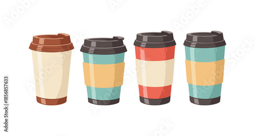 Collection of four colorful disposable coffee cups with lids and sleeves