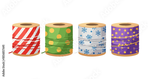 Four spools of decorative twine with festive patterns for gift wrapping and crafts
