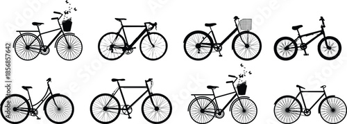 Variety of bicycles in different positions and styles