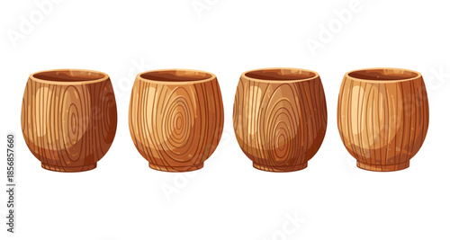 Four wooden cups with distinct wood grain patterns and warm brown tones