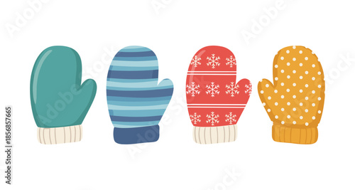 Collection of four colorful winter mittens with different patterns and designs