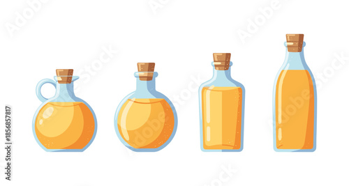 Collection of four glass bottles filled with golden liquid and cork stoppers
