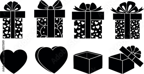 Gift boxes and heart shapes with decorative bows in black silhouette vector art design for celebration and decoration purposes