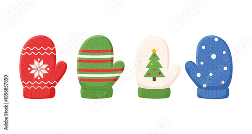 Four festive knitted winter mittens with Christmas designs and patterns