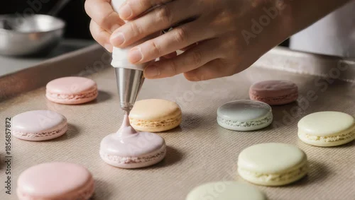 Panel kuchenny z motywem Close-up of hands piping cream onto colorful macarons on a baking sheet.