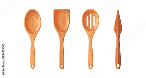 Set of four wooden kitchen utensils including spoon, spatula, slotted spoon, and knife