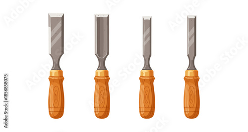 Set of four chisels with wooden handles, isolated on a white background