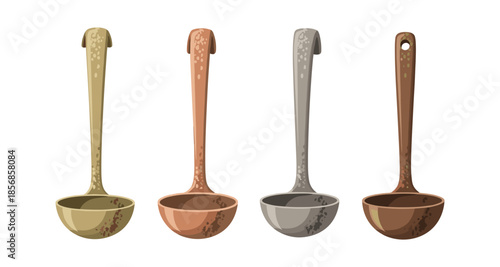 Set of four vintage ladles in different metallic finishes and styles