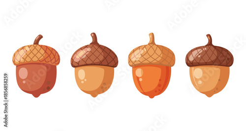 Cute cartoon acorns in various shades of brown and orange, isolated on white