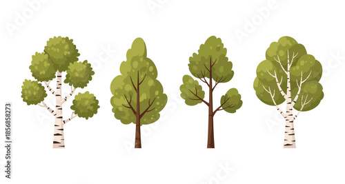 Collection of four stylized trees with green foliage and brown trunks on white background