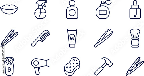 Set of beauty and personal care line icons featuring perfume bottles, hair styling tools, skincare products, grooming accessories, and hygiene supplies