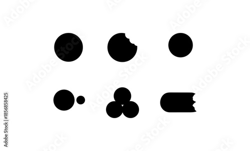 Collection of abstract black shapes and circles on a white background