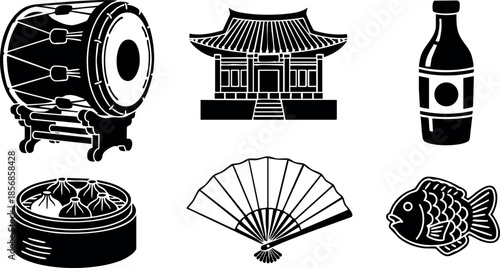 Traditional Asian cultural symbols including drum, temple, fan, dumplings, sauce bottle, and fish vector set illustration