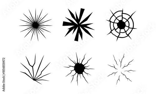 Collection of six black vector graphics depicting various types of cracks and breaks on a white background