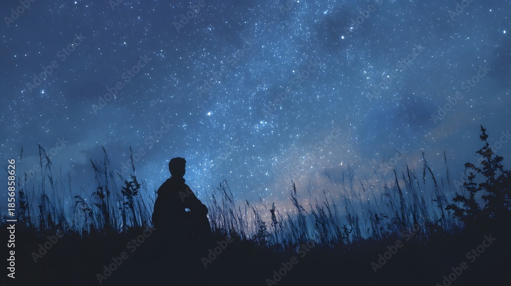 Fototapeta premium Contemplative Silhouette Gazing at the Majestic Starry Night Sky Above.