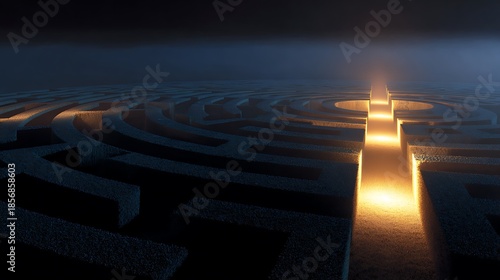 Mysterious labyrinth with illuminated pathway leading to the center at night, abstract maze with fading light