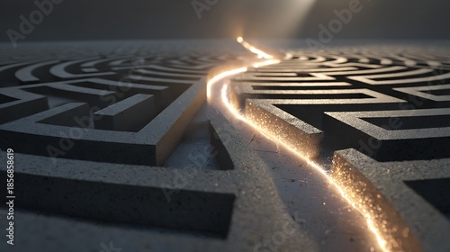 Abstract labyrinth with fading light path and dramatic shadows, symbolizing journey and challenge