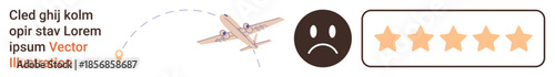 Customer review, user experience, feedback rating, travel services, service evaluation, navigation. Airplane on a dotted route, sad face emotion and star rating. Customer review and user experience