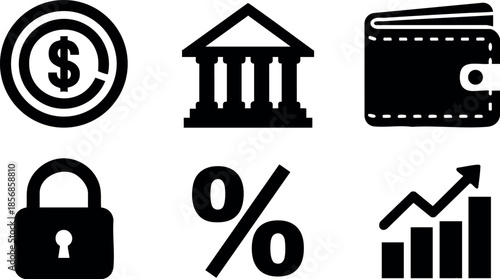 Finance icons set with dollar coin bank wallet lock percent and growth chart vector illustration simple design