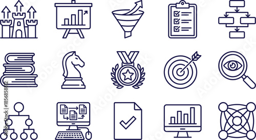 Business strategy line icons for corporate planning, marketing funnel, data analysis, project management, leadership goals, workflow optimization, chess tactics, and success.