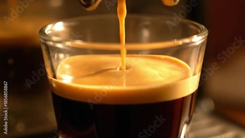 Espresso Shot in Glass: A close-up captures the rich aroma and velvety texture of freshly brewed espresso as it cascades into a transparent glass, a perfect start to the day.