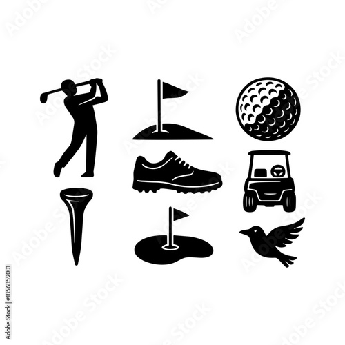 A comprehensive collection of black and white golf icons and essential course elements
