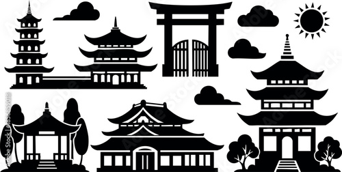 Traditional Asian pagoda and torii gate silhouettes vector set with sun and clouds in black and white design