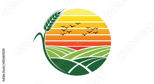 Sunrise Over Rolling Farmland Fields With Wheat Stalk And Birds Flying For Agriculture Business Marketing