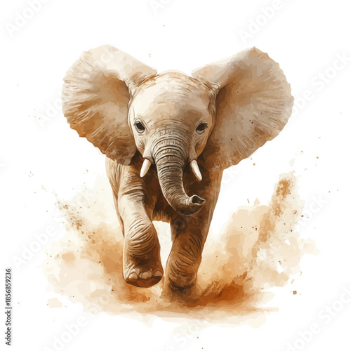 Elephant Calf Playing Joyfully, playful watercolor vector depicting lively antics and expressive gestures, isolated on a white background.