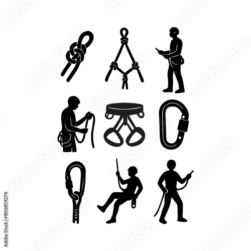 Climbing and rappelling gear with adventurer silhouettes icon set for outdoor sport