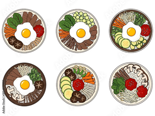 Variety of Korean Rice Bowl Dishes with Toppings