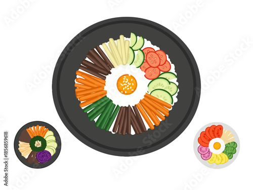 Colorful Korean Rice Bowl With Vegetables and Egg Overhead View