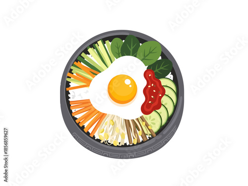 Korean Mixed Rice Bowl with Fried Egg and Assorted Vegetables Overhead View
