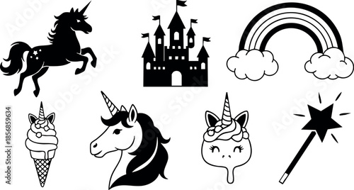 Magical unicorn vector collection with castle rainbow ice cream and wand fantasy icons for creative design