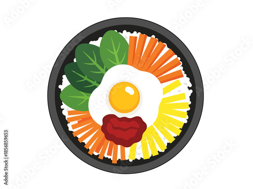 Colorful Korean Rice Bowl with Fried Egg and Vegetables Top View