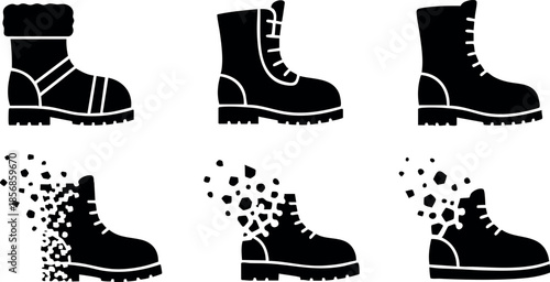 Black silhouette icons of boots in various styles including winter and hiking footwear vector set