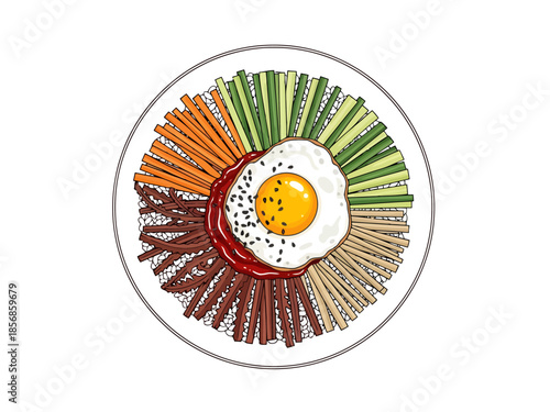 Korean Rice Bowl with Vegetables and Fried Egg Artistic Food Presentation