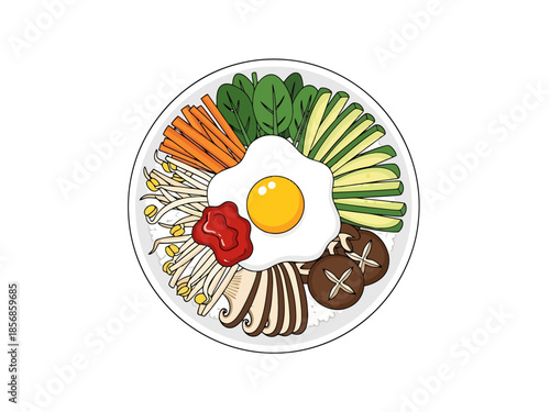 Flat Lay Overhead View of a Colorful Korean Rice Bowl with Fried Egg and Vegetables