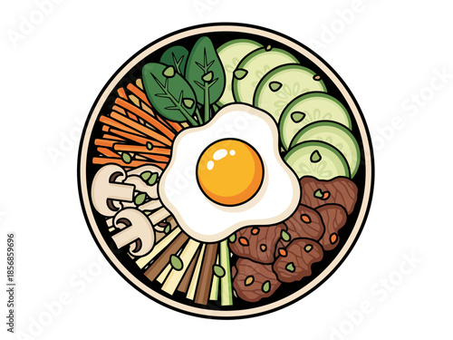 Korean Rice Bowl With Fried Egg Meat And Vegetables