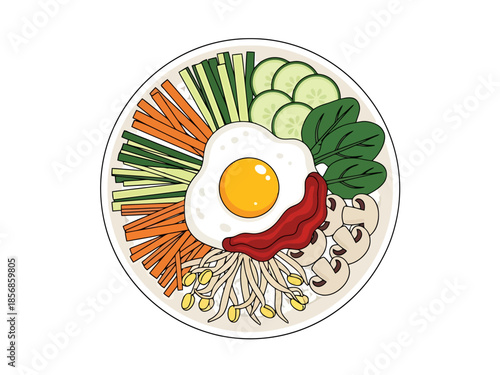 Colorful Korean Rice Bowl with Egg and Vegetables Flat Lay Overhead View