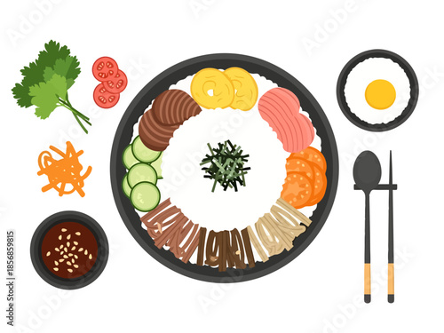 Korean Rice Bowl Meal Preparation Overhead Top View Flat Lay