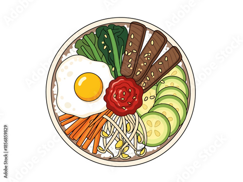 Colorful Korean Rice Bowl with Assorted Toppings Art