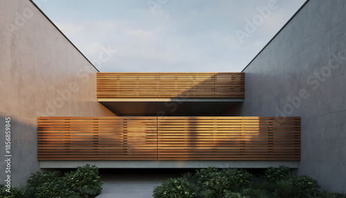 Modern architectural design featuring two levels of wooden balconies against textured concrete walls and lush green foliage below under a bright sky with subtle clouds highlighting geometric shapes
