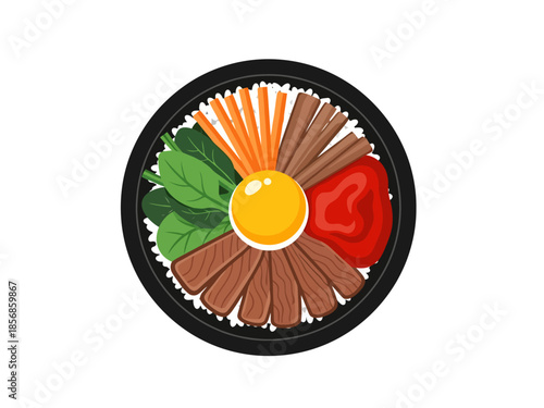 Traditional Asian Bowl Meal with Fresh Ingredients and Egg Yolk Center